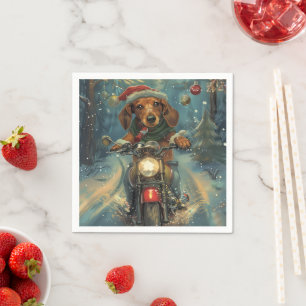 Dachshund Dog Riding Motorcycle Christmas Napkins