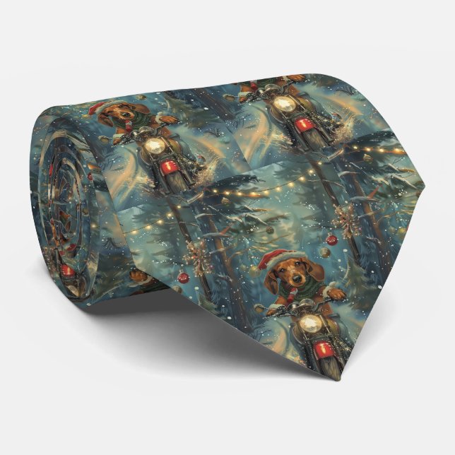 Dachshund Dog Riding Motorcycle Christmas Neck Tie (Rolled)