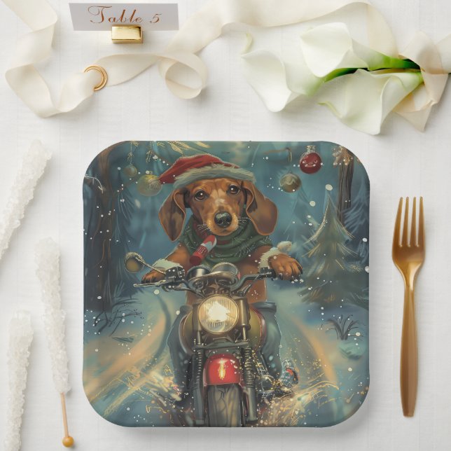 Dachshund Dog Riding Motorcycle Christmas Paper Plates (Wedding)
