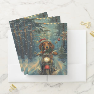 Dachshund Dog Riding Motorcycle Christmas Pocket Folder