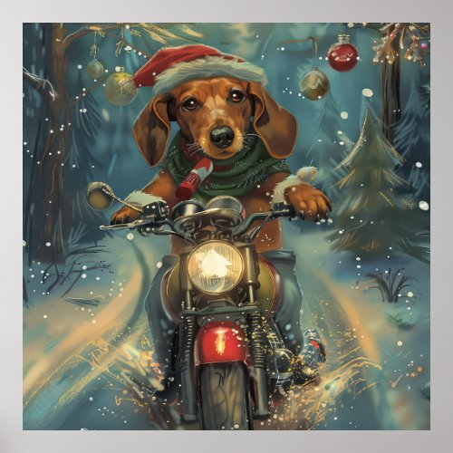 Dachshund Dog Riding Motorcycle Christmas Poster