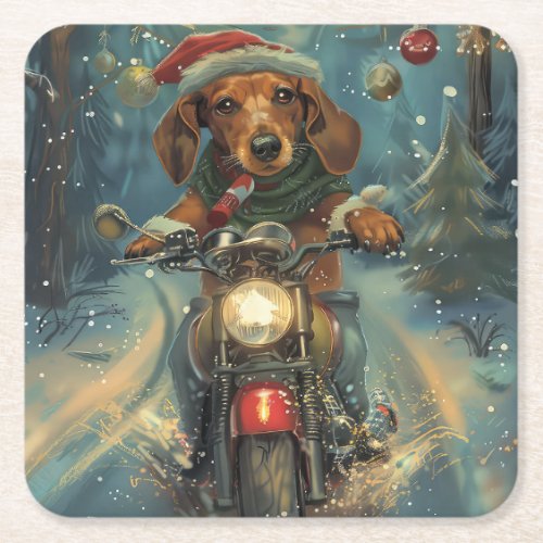 Dachshund Dog Riding Motorcycle Christmas Square Paper Coaster