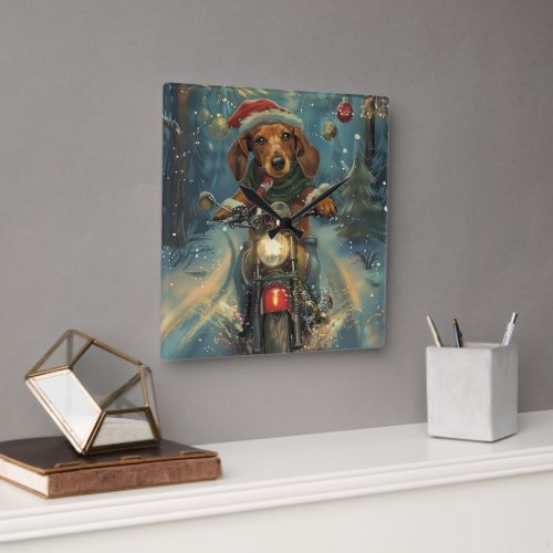 Dachshund Dog Riding Motorcycle Christmas Square Wall Clock