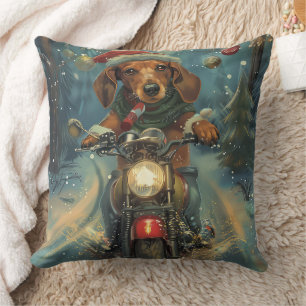 Dachshund Dog Riding Motorcycle Christmas Throw Pillow
