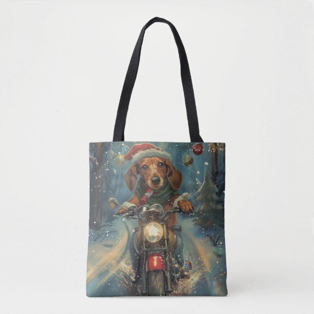 Dachshund Dog Riding Motorcycle Christmas Tote Bag (Front)