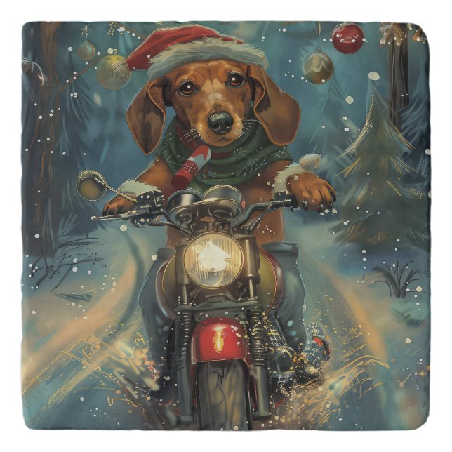 Dachshund Dog Riding Motorcycle Christmas Trivet (Front)