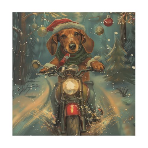 Dachshund Dog Riding Motorcycle Christmas Wood Wall Art