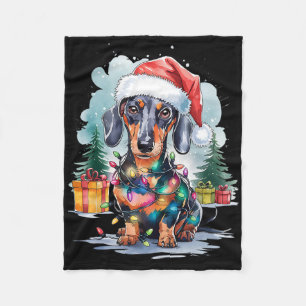 Dachshund Dog Santa Hat Christmas Lights Tree Wint Fleece Blanket