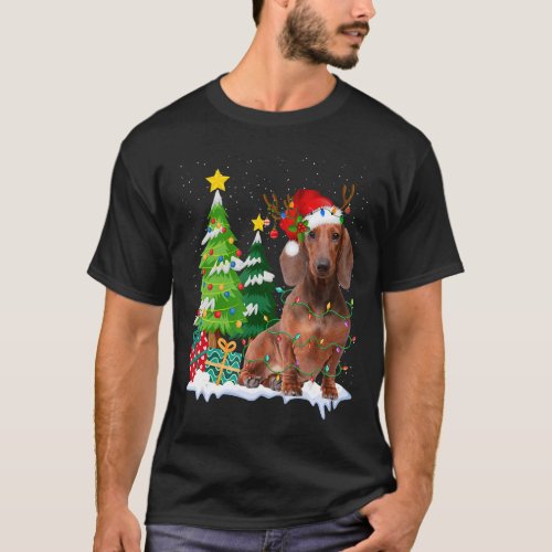 Dachshund Dog Santa Hat Reindeer Christmas Lights T_Shirt