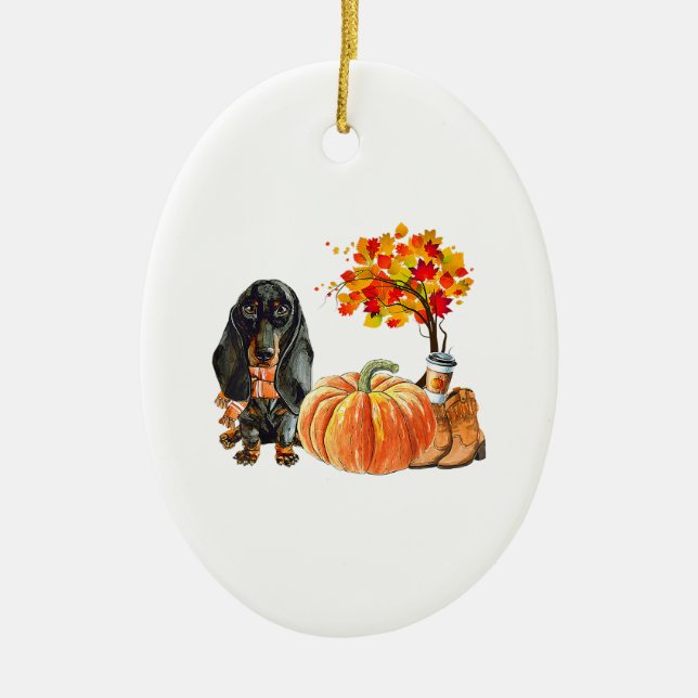Dachshund Dog Scarf Pumpkin Autumn Leaves Fall Ceramic Ornament (Front)