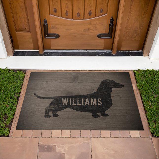 Dachshund Dog Silhouette Faux Weathered Wood Doormat (Outdoor)