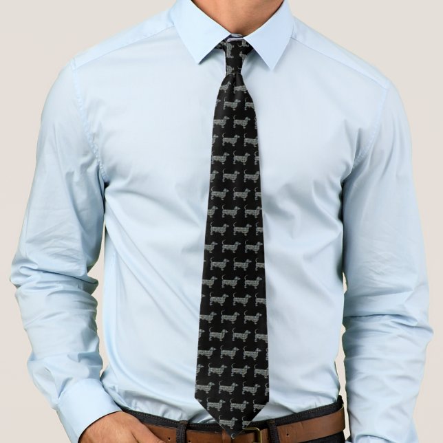Dachshund Dog Silhouette Yellow & Blue Black Tie (Dachshund dog silhouette grid black tie)