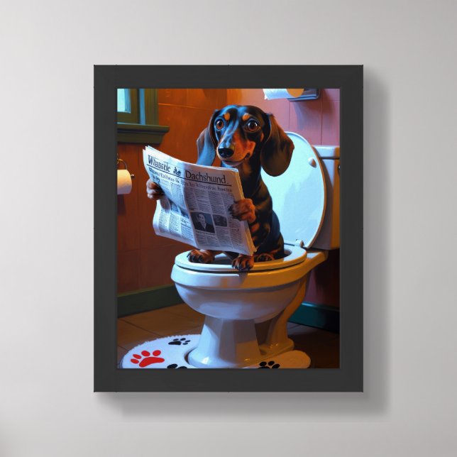 Dachshund Dog Sitting On Toilet Funny  Framed Art (Framed Front)