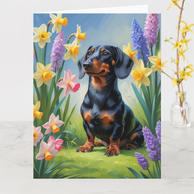 Dachshund Dog Spring Flowers Painting Card (Yellow Flower)