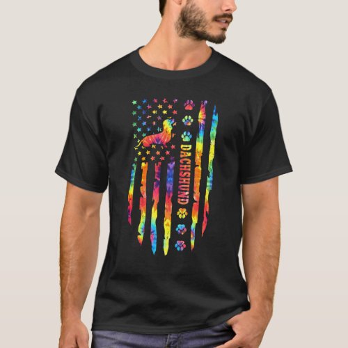 Dachshund Dog Tie Dye Rainbow American Flag Print T_Shirt
