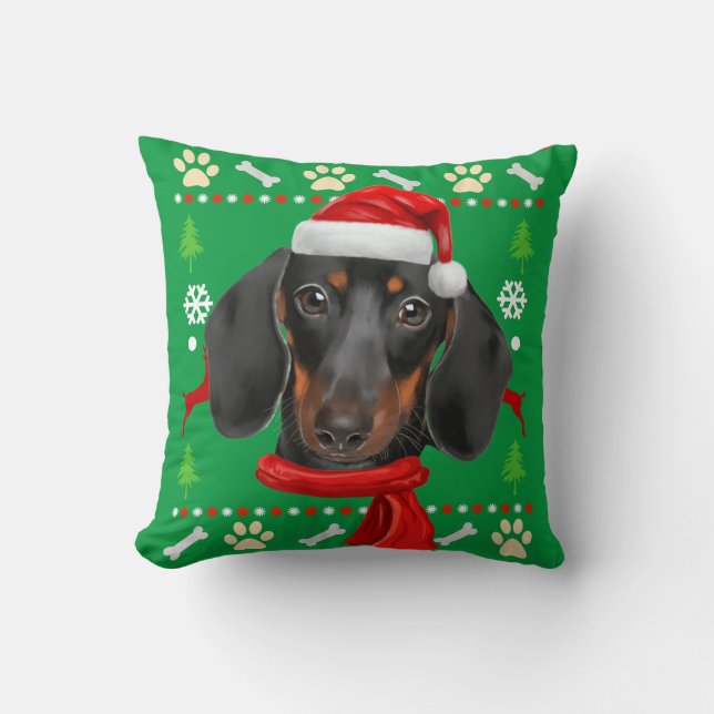 Dachshund Dog Ugly Christmas Throw Pillow (Front)