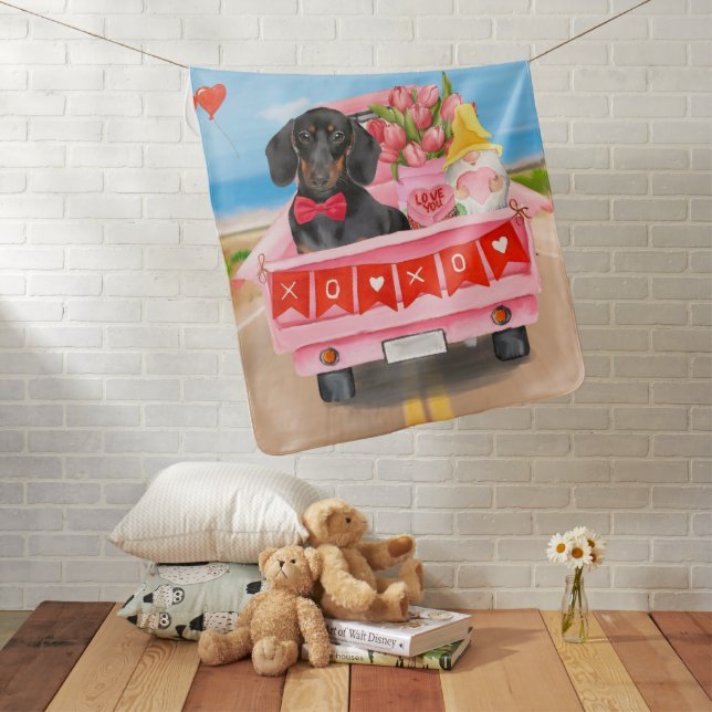 Dachshund  Dog Valentine's Day Truck Hearts Baby Blanket (In Situ)