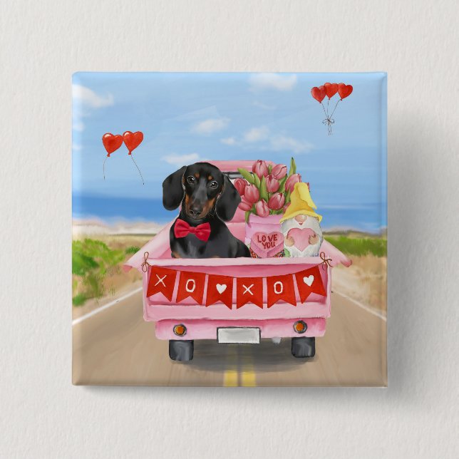 Dachshund Dog Valentine's Day Truck Hearts Button (Front)
