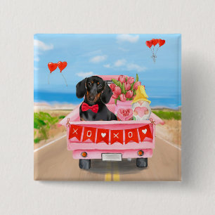 Dachshund Dog Valentine's Day Truck Hearts Button