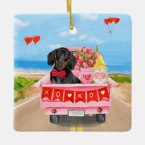 Dachshund Dog Valentines Day Truck Hearts Ceramic Ornament