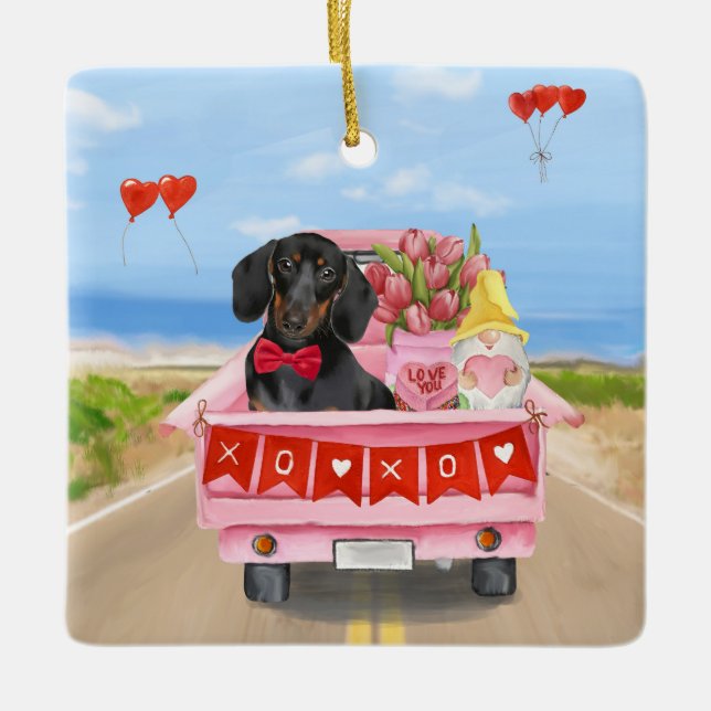 Dachshund Dog Valentine's Day Truck Hearts Ceramic Ornament (Front)