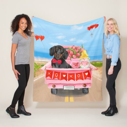 Dachshund  Dog Valentines Day Truck Hearts Fleece Blanket