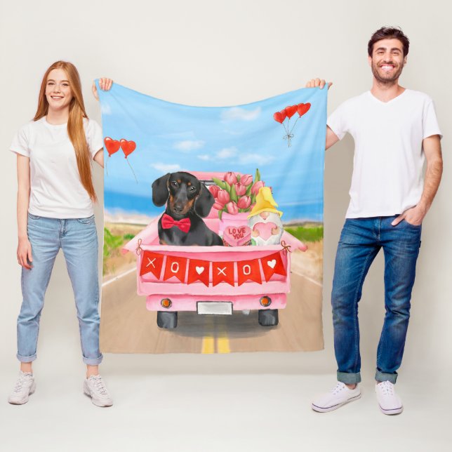 Dachshund  Dog Valentine's Day Truck Hearts Fleece Blanket (In Situ)