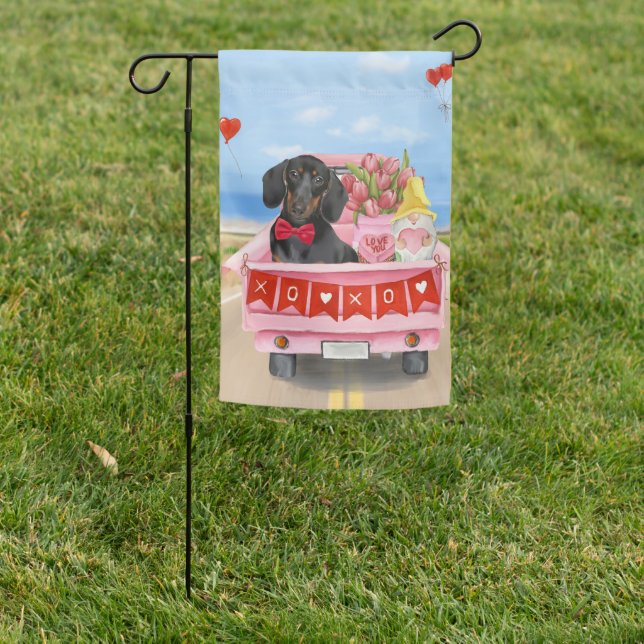 Dachshund Dog Valentine's Day Truck Hearts Garden Flag (In SItu)