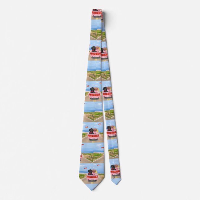 Dachshund Dog Valentine's Day Truck Hearts Neck Tie (Front)