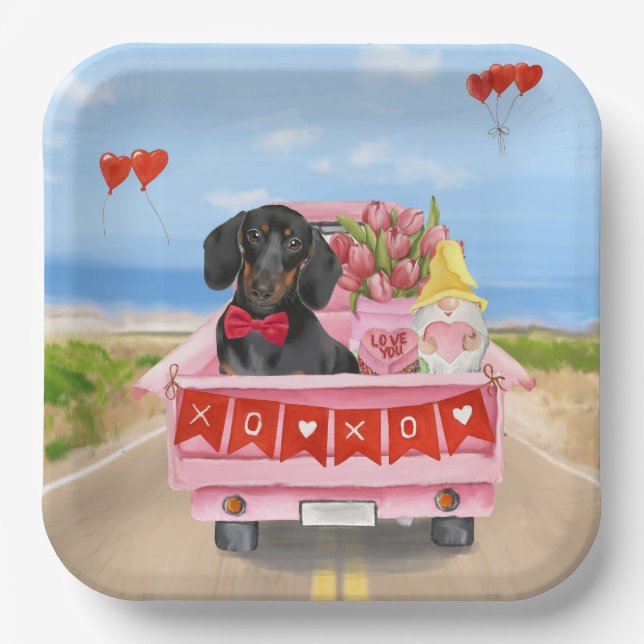 Dachshund Dog Valentine's Day Truck Hearts Paper Plates (Front)
