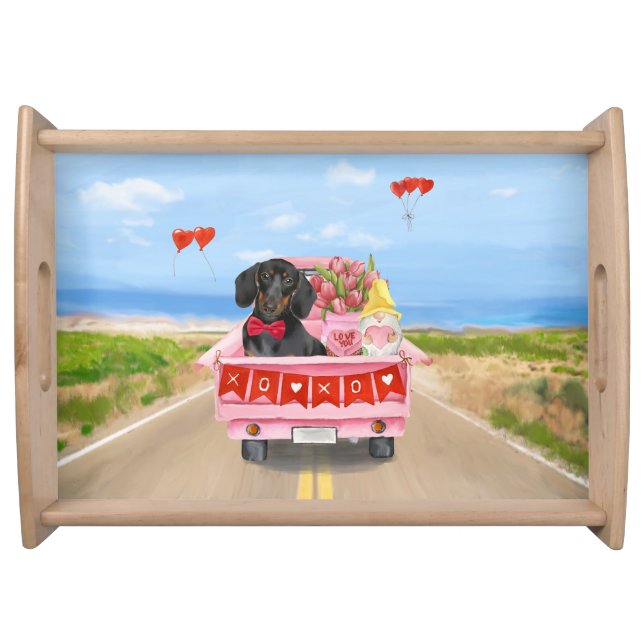 Dachshund Dog Valentine's Day Truck Hearts Serving Tray (Front)