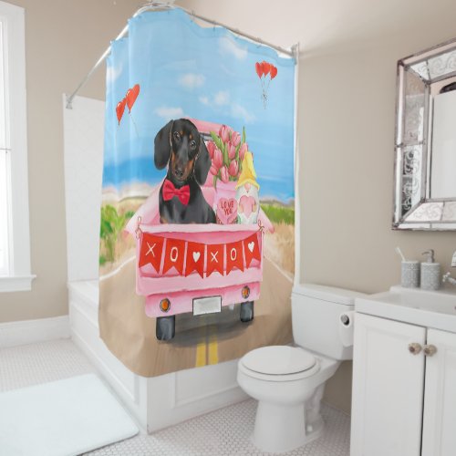 Dachshund  Dog Valentines Day Truck Hearts  Shower Curtain