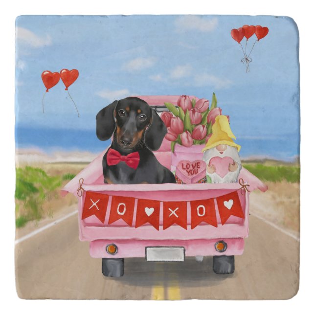Dachshund Dog Valentine's Day Truck Hearts  Trivet (Front)