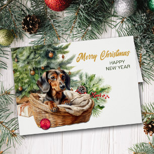 Dachshund Dog Wicker Basket Christmas Tree Cards