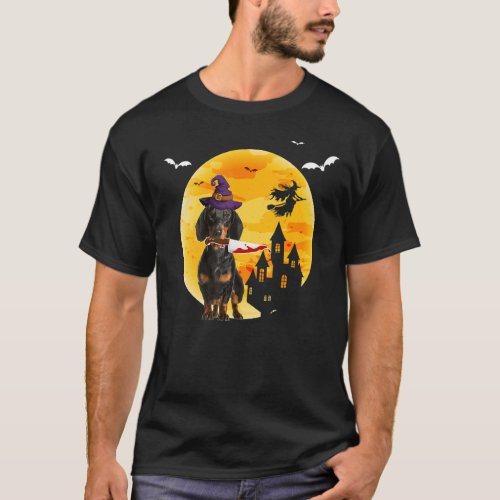 Dachshund Dog Witch Holding Knife Halloween Witch  T_Shirt