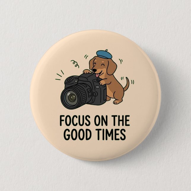 Dachshund Dog with Camera Playful Illustration Button (Front)