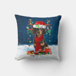 Dachshund dog with Christmas gifts Throw Pillow