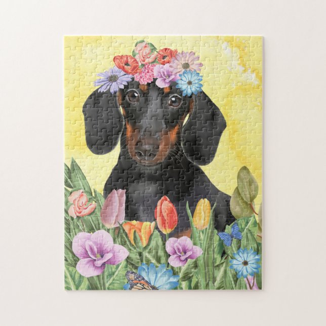 Dachshund Dog with Flowers Spring Jigsaw Puzzle (Vertical)