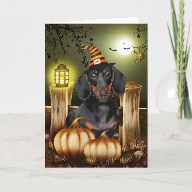 Dachshund Dog with Witch Hat Halloween Gift Idea Card (Front)