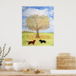 Dachshund Dogs Autumn Tree Walk Poster