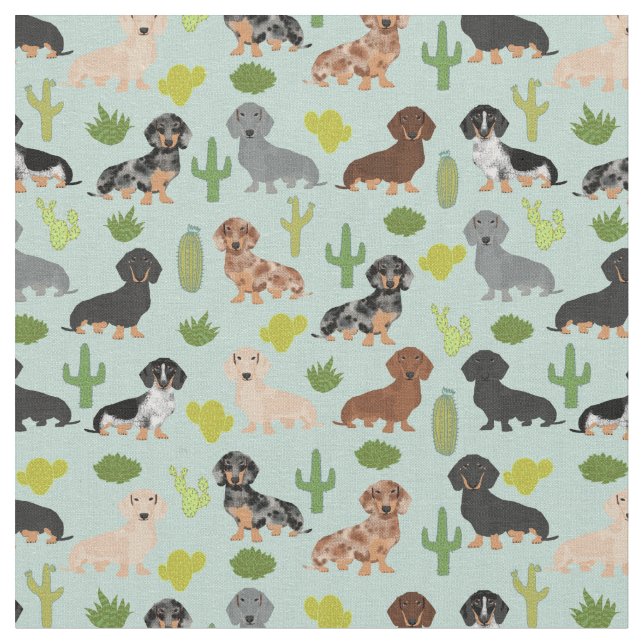 Dachshund dogs cactus mint fabric (Close Up)