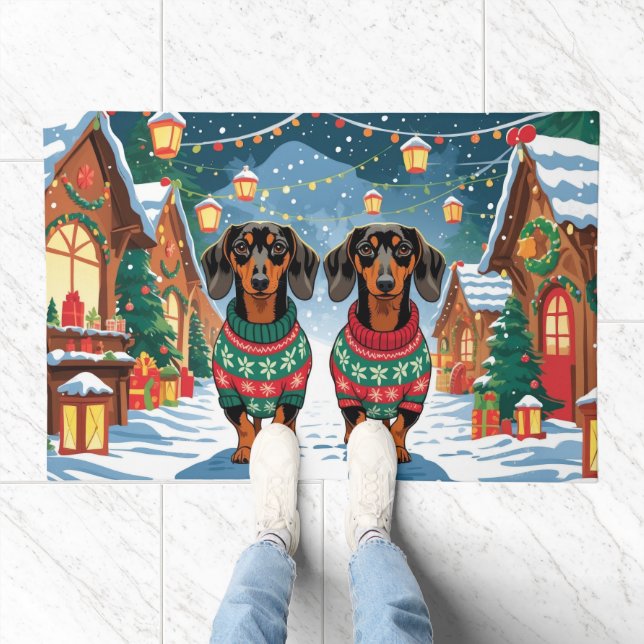 Dachshund Dogs Christmas Snow Holiday Doormat (Indoor)