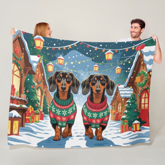 Dachshund Dogs Christmas Snow Holiday Fleece Blanket (In Situ)