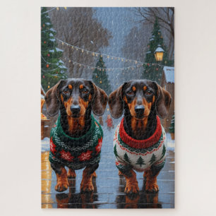 Dachshund Dogs Christmas Snow Holiday Jigsaw Puzzle
