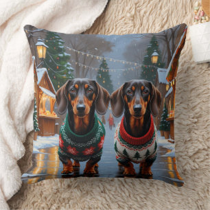 Dachshund Dogs Christmas Snow Holiday Throw Pillow