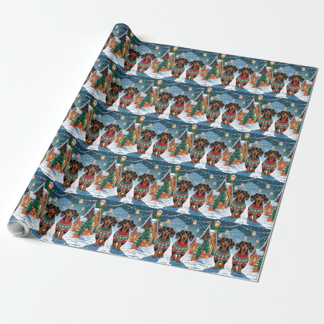 Dachshund Dogs Christmas Snow Holiday Wrapping Paper (Unrolled)