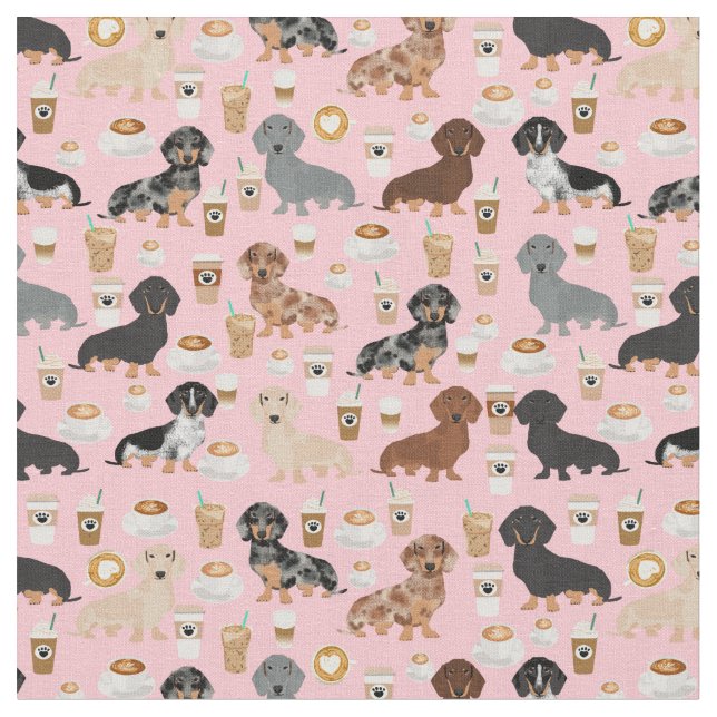 Dachshund dogs coffee lover pink fabric (Close Up)