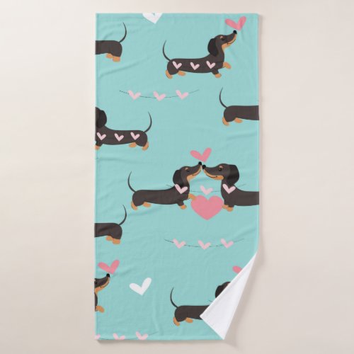 Dachshund dogs in love and hearts seamless pattern bath towel
