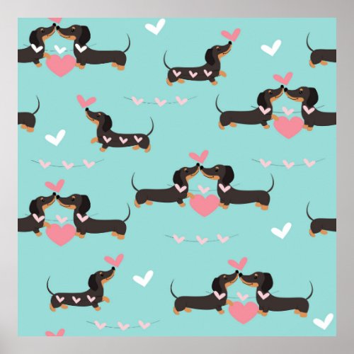 Dachshund dogs in love and hearts seamless pattern poster