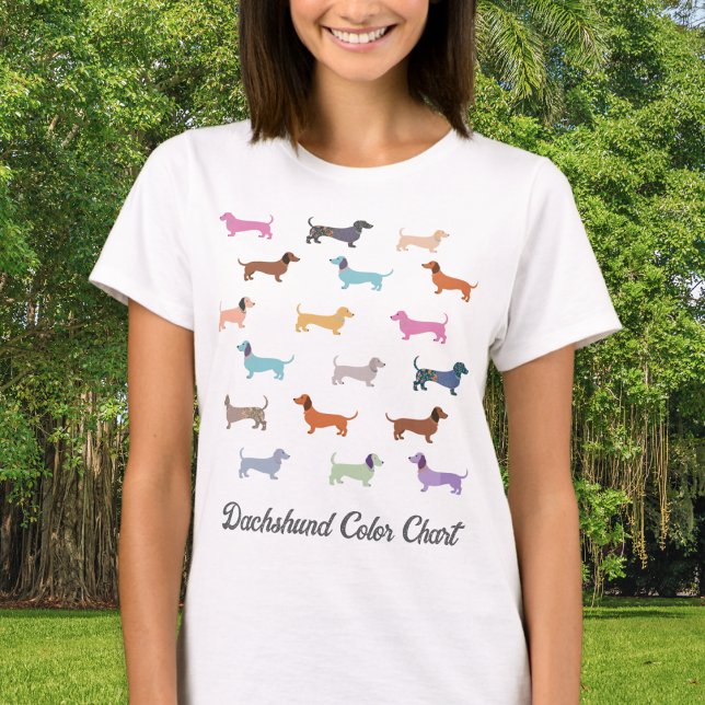 Dachshund Dogs Pattern Funny Color Chart T-Shirt (A funny t-shirt with colorful dachshunds pattern, and humorous caption 'Dachshund Color Chart')